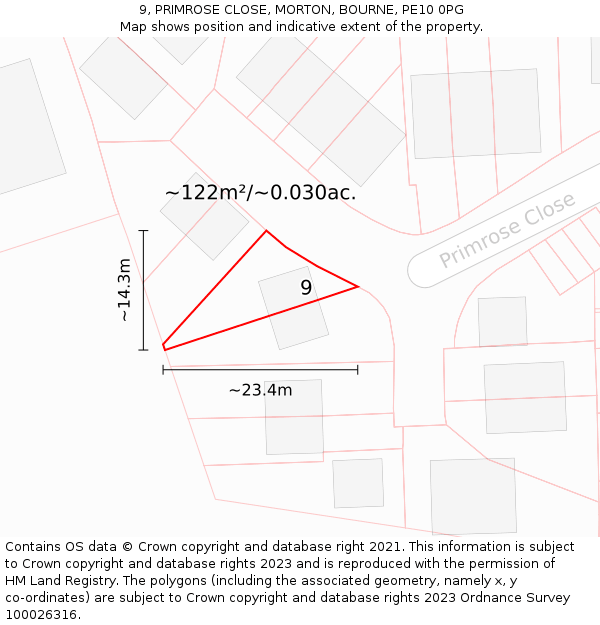 9, PRIMROSE CLOSE, MORTON, BOURNE, PE10 0PG: Plot and title map
