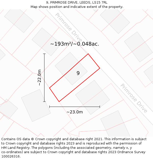 9, PRIMROSE DRIVE, LEEDS, LS15 7RL: Plot and title map