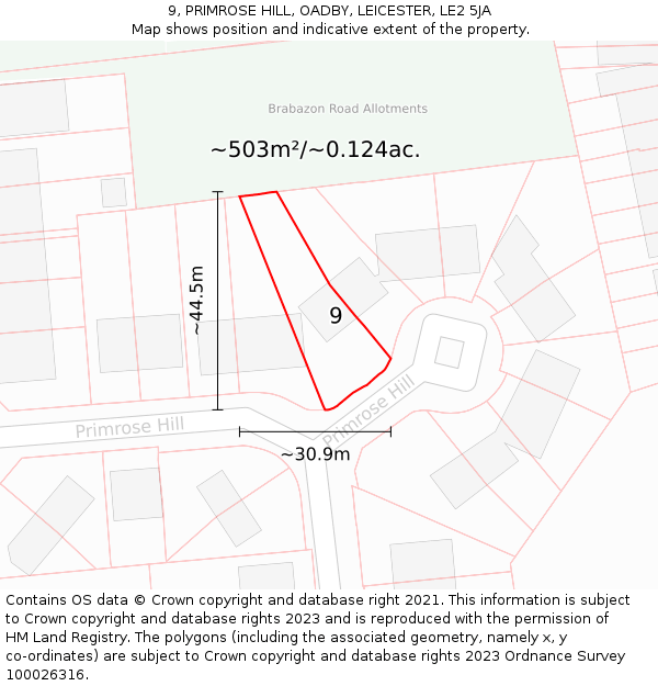9, PRIMROSE HILL, OADBY, LEICESTER, LE2 5JA: Plot and title map
