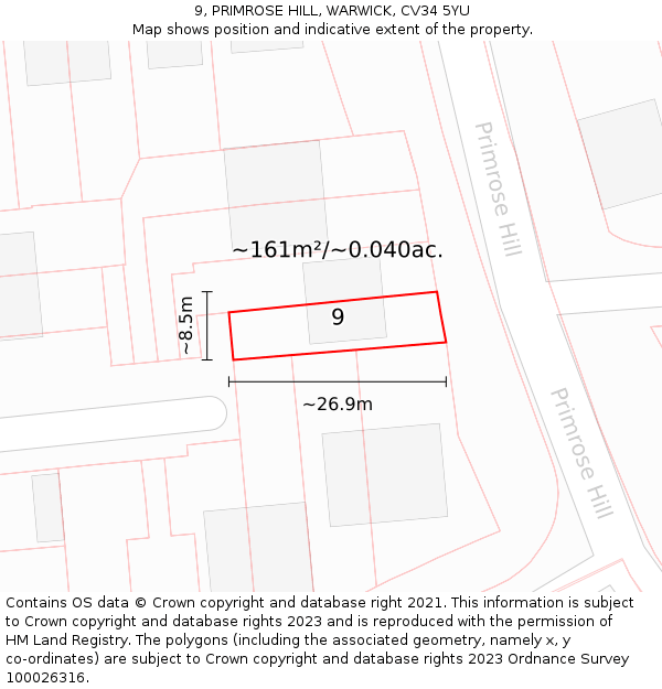 9, PRIMROSE HILL, WARWICK, CV34 5YU: Plot and title map
