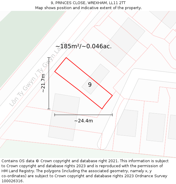 9, PRINCES CLOSE, WREXHAM, LL11 2TT: Plot and title map