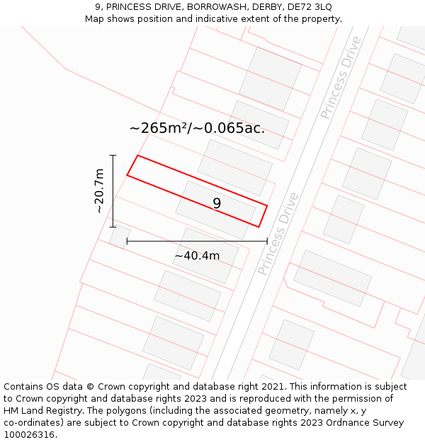 9, PRINCESS DRIVE, BORROWASH, DERBY, DE72 3LQ: Plot and title map