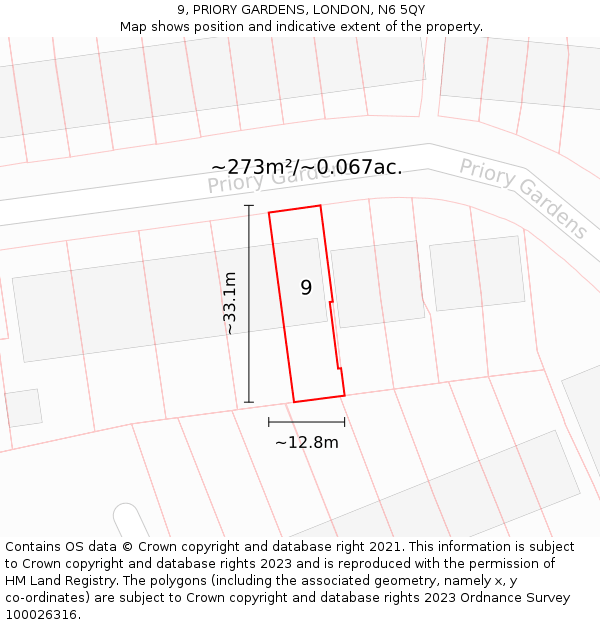 9, PRIORY GARDENS, LONDON, N6 5QY: Plot and title map