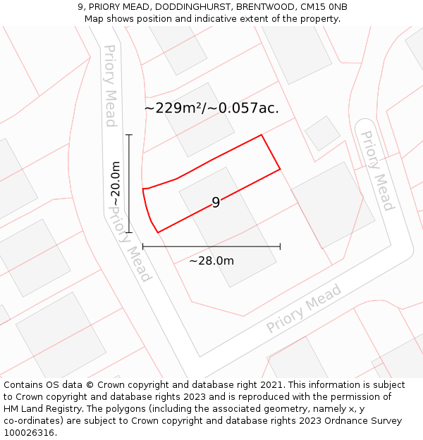 9, PRIORY MEAD, DODDINGHURST, BRENTWOOD, CM15 0NB: Plot and title map