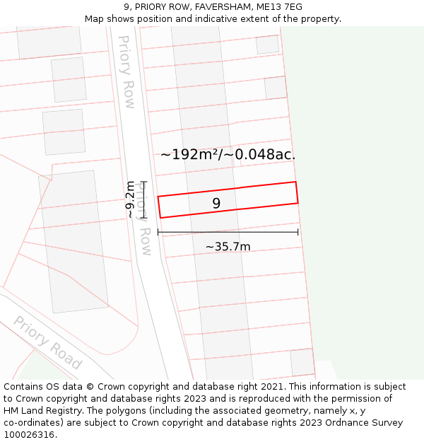 9, PRIORY ROW, FAVERSHAM, ME13 7EG: Plot and title map