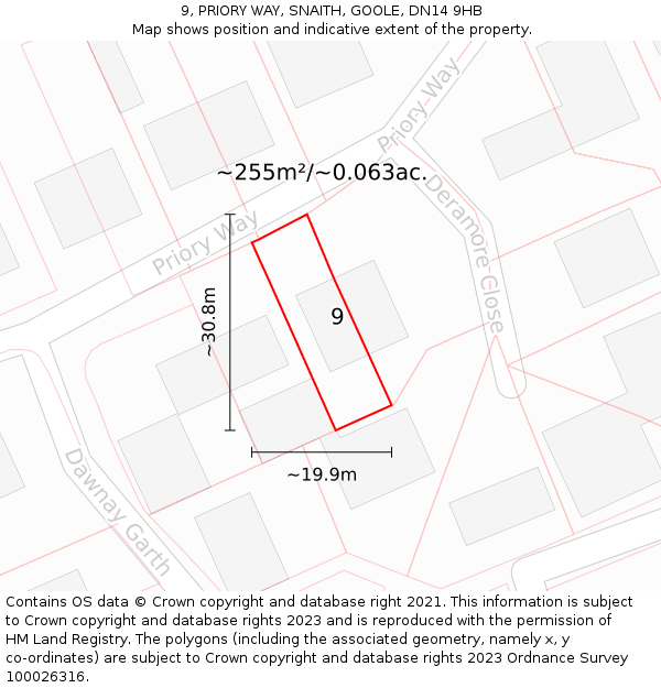 9, PRIORY WAY, SNAITH, GOOLE, DN14 9HB: Plot and title map