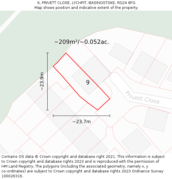 9, PRIVETT CLOSE, LYCHPIT, BASINGSTOKE, RG24 8FG: Plot and title map