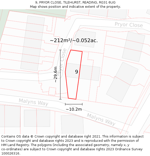 9, PRYOR CLOSE, TILEHURST, READING, RG31 6UG: Plot and title map