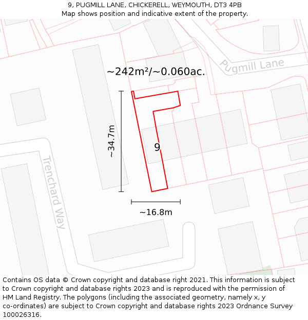 9, PUGMILL LANE, CHICKERELL, WEYMOUTH, DT3 4PB: Plot and title map