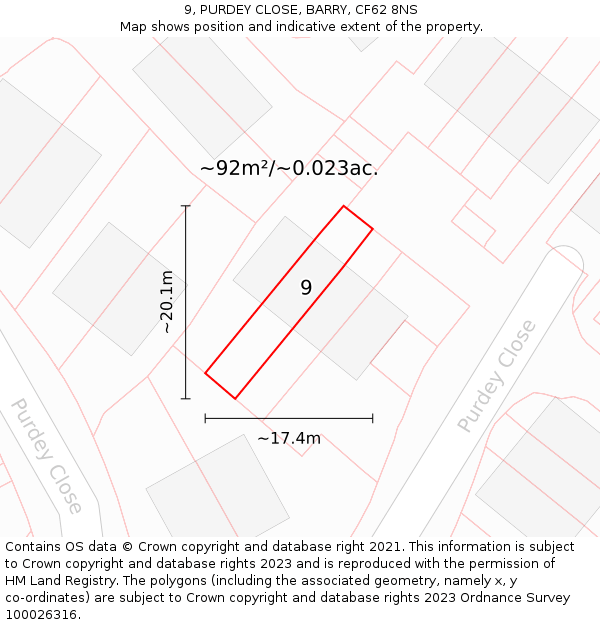9, PURDEY CLOSE, BARRY, CF62 8NS: Plot and title map