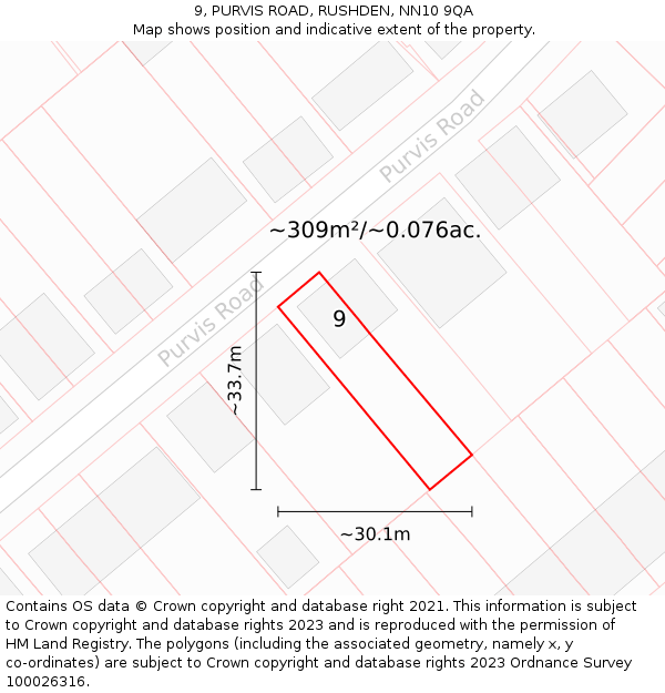 9, PURVIS ROAD, RUSHDEN, NN10 9QA: Plot and title map