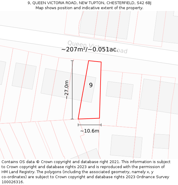 9, QUEEN VICTORIA ROAD, NEW TUPTON, CHESTERFIELD, S42 6BJ: Plot and title map