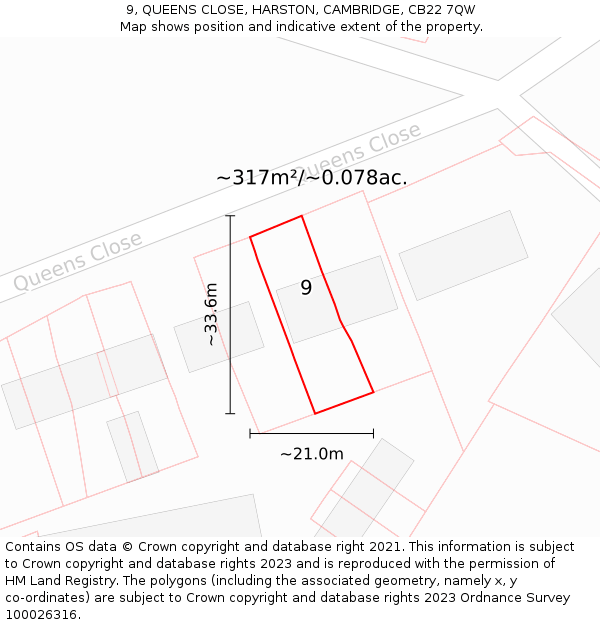 9, QUEENS CLOSE, HARSTON, CAMBRIDGE, CB22 7QW: Plot and title map
