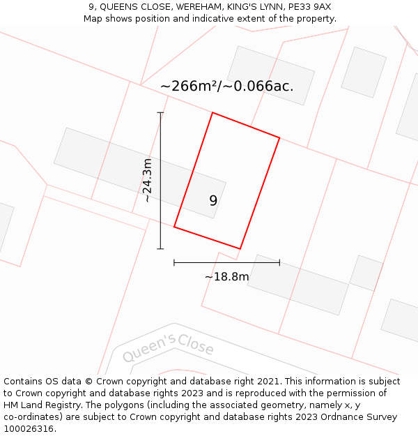 9, QUEENS CLOSE, WEREHAM, KING'S LYNN, PE33 9AX: Plot and title map