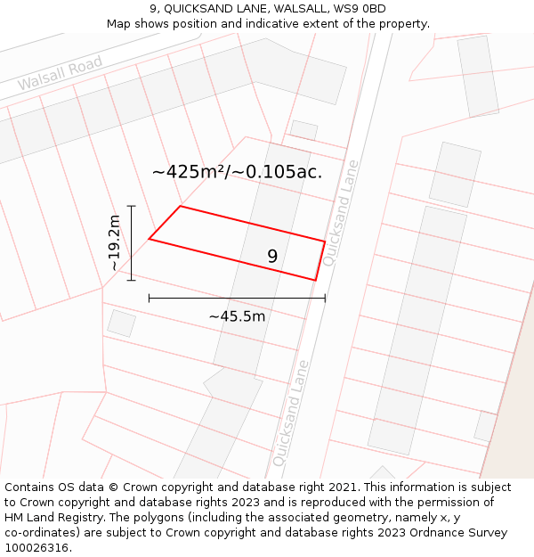 9, QUICKSAND LANE, WALSALL, WS9 0BD: Plot and title map
