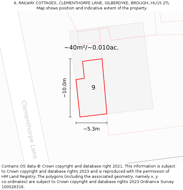 9, RAILWAY COTTAGES, CLEMENTHORPE LANE, GILBERDYKE, BROUGH, HU15 2TL: Plot and title map