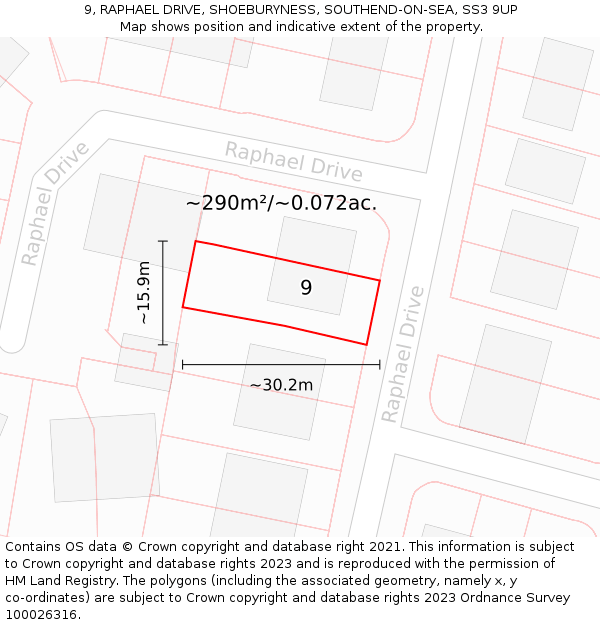 9, RAPHAEL DRIVE, SHOEBURYNESS, SOUTHEND-ON-SEA, SS3 9UP: Plot and title map