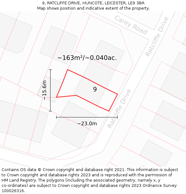 9, RATCLIFFE DRIVE, HUNCOTE, LEICESTER, LE9 3BA: Plot and title map