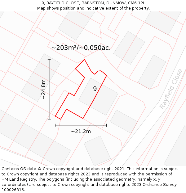 9, RAYFIELD CLOSE, BARNSTON, DUNMOW, CM6 1PL: Plot and title map