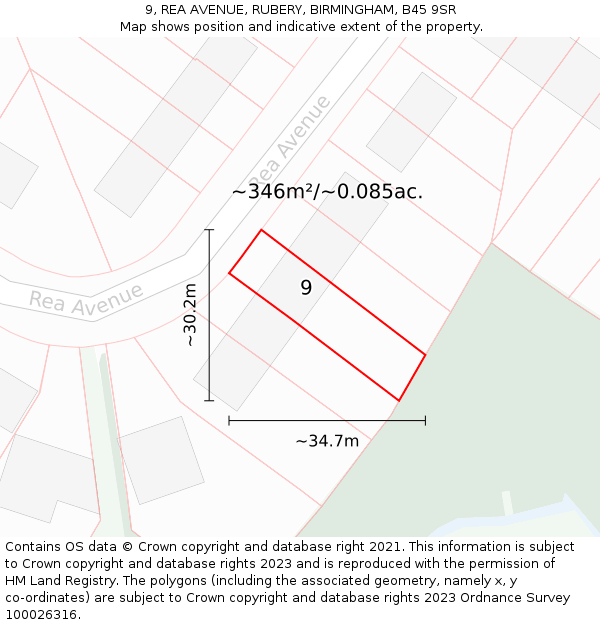 9, REA AVENUE, RUBERY, BIRMINGHAM, B45 9SR: Plot and title map