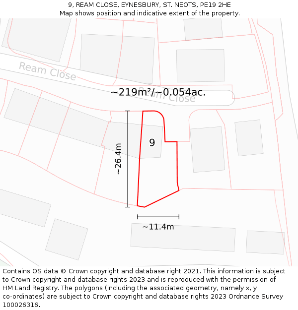 9, REAM CLOSE, EYNESBURY, ST. NEOTS, PE19 2HE: Plot and title map