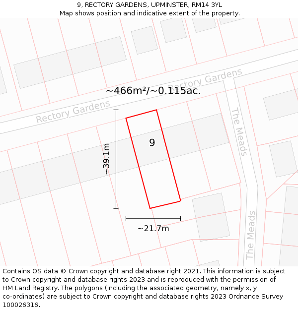 9, RECTORY GARDENS, UPMINSTER, RM14 3YL: Plot and title map