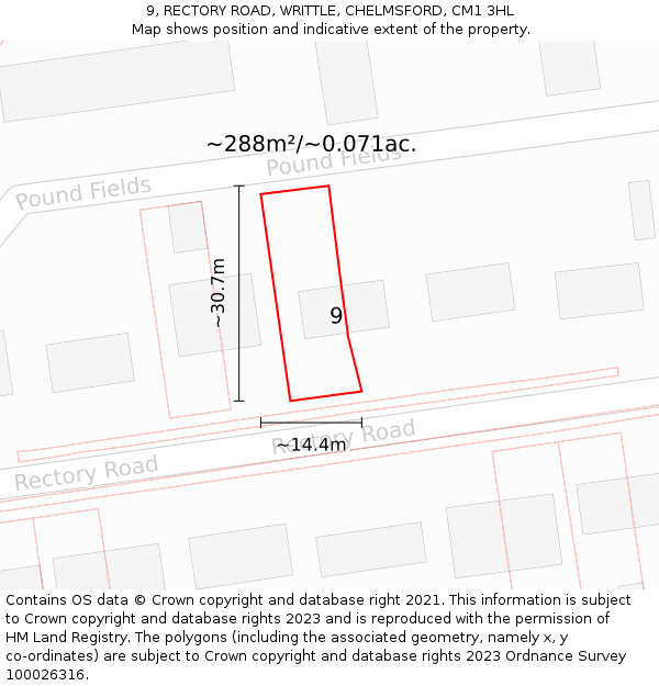 9, RECTORY ROAD, WRITTLE, CHELMSFORD, CM1 3HL: Plot and title map