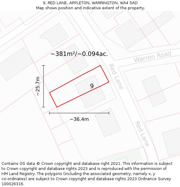 9, RED LANE, APPLETON, WARRINGTON, WA4 5AD: Plot and title map