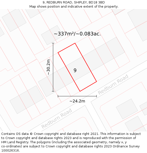 9, REDBURN ROAD, SHIPLEY, BD18 3BD: Plot and title map