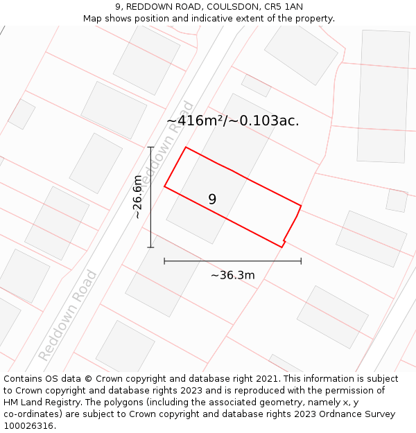 9, REDDOWN ROAD, COULSDON, CR5 1AN: Plot and title map