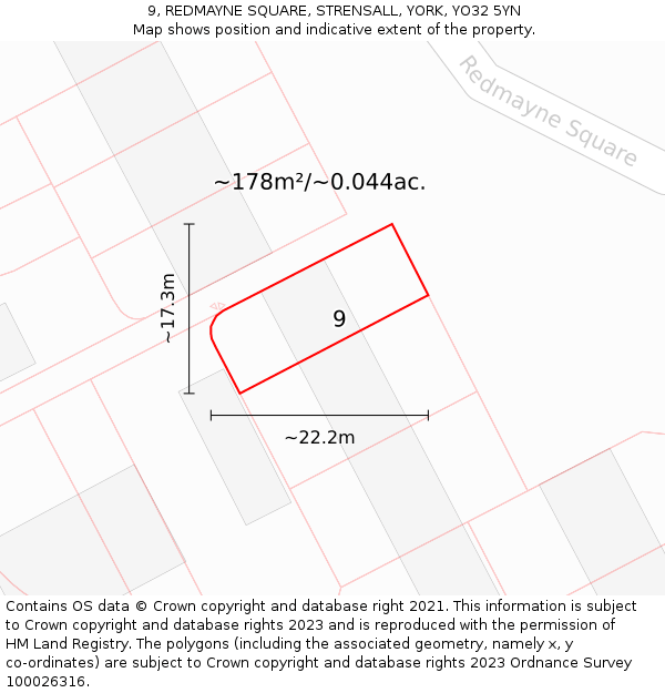 9, REDMAYNE SQUARE, STRENSALL, YORK, YO32 5YN: Plot and title map