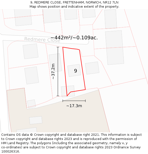 9, REDMERE CLOSE, FRETTENHAM, NORWICH, NR12 7LN: Plot and title map