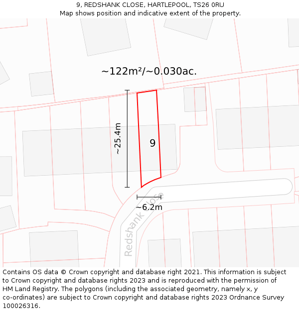 9, REDSHANK CLOSE, HARTLEPOOL, TS26 0RU: Plot and title map