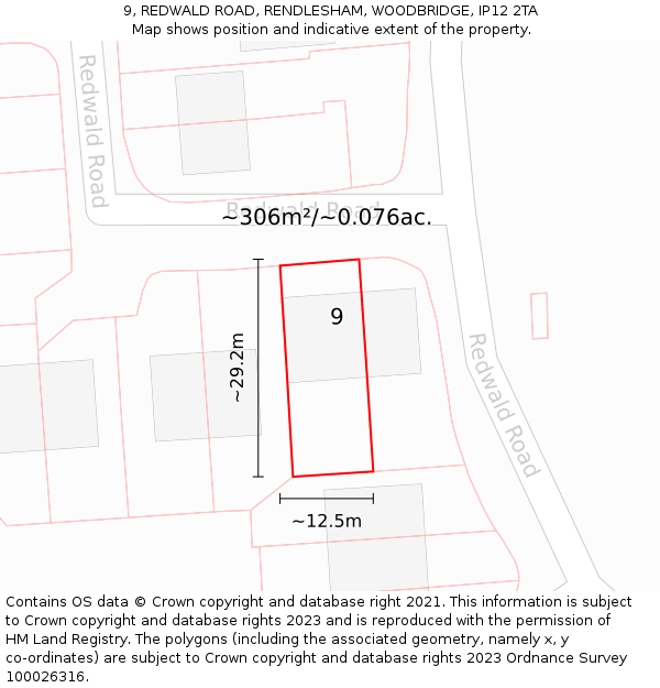 9, REDWALD ROAD, RENDLESHAM, WOODBRIDGE, IP12 2TA: Plot and title map
