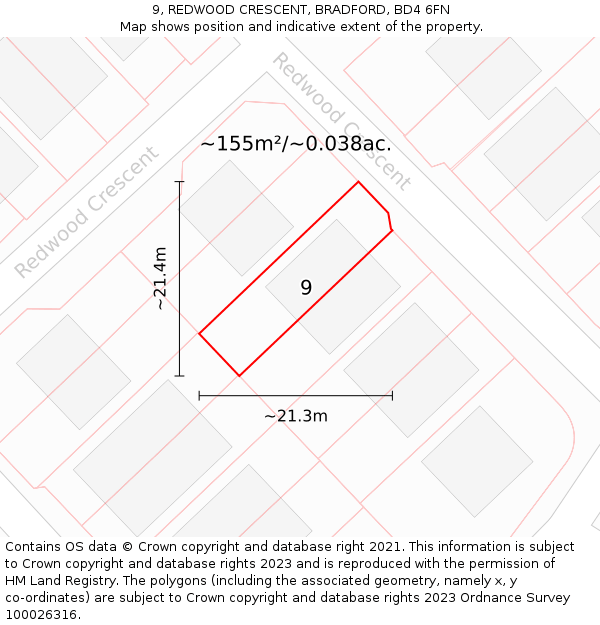 9, REDWOOD CRESCENT, BRADFORD, BD4 6FN: Plot and title map
