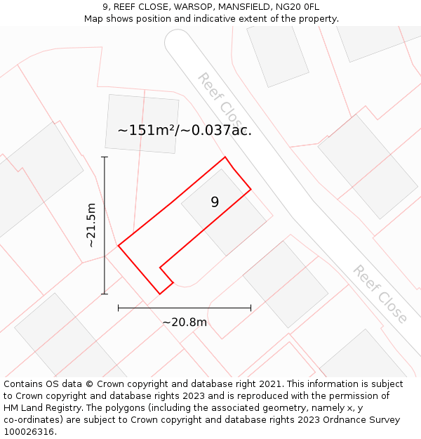 9, REEF CLOSE, WARSOP, MANSFIELD, NG20 0FL: Plot and title map