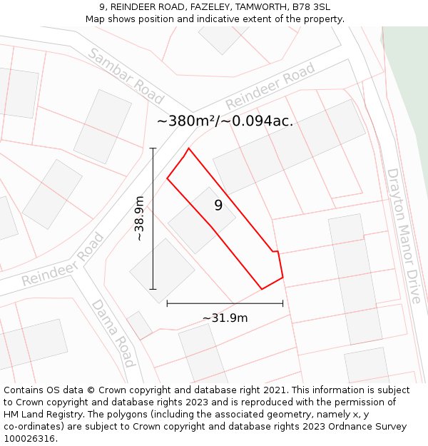 9, REINDEER ROAD, FAZELEY, TAMWORTH, B78 3SL: Plot and title map