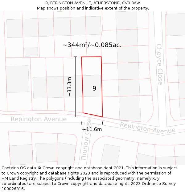 9, REPINGTON AVENUE, ATHERSTONE, CV9 3AW: Plot and title map