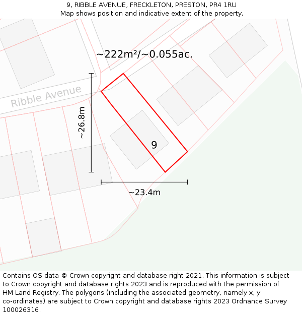 9, RIBBLE AVENUE, FRECKLETON, PRESTON, PR4 1RU: Plot and title map