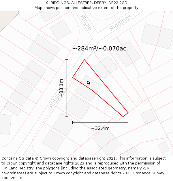 9, RIDDINGS, ALLESTREE, DERBY, DE22 2GD: Plot and title map