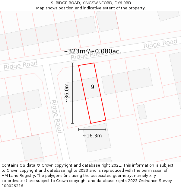 9, RIDGE ROAD, KINGSWINFORD, DY6 9RB: Plot and title map