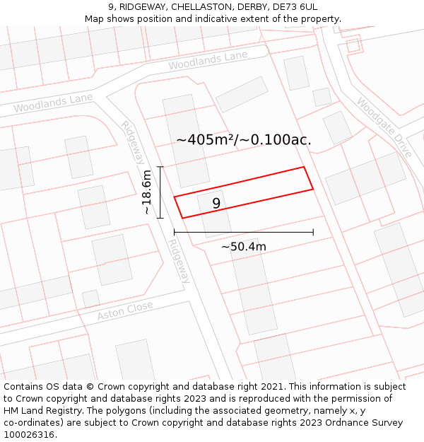 9, RIDGEWAY, CHELLASTON, DERBY, DE73 6UL: Plot and title map