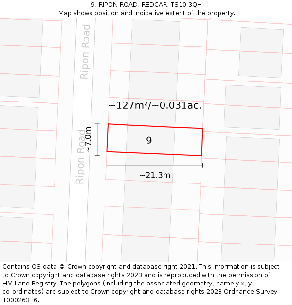 9, RIPON ROAD, REDCAR, TS10 3QH: Plot and title map