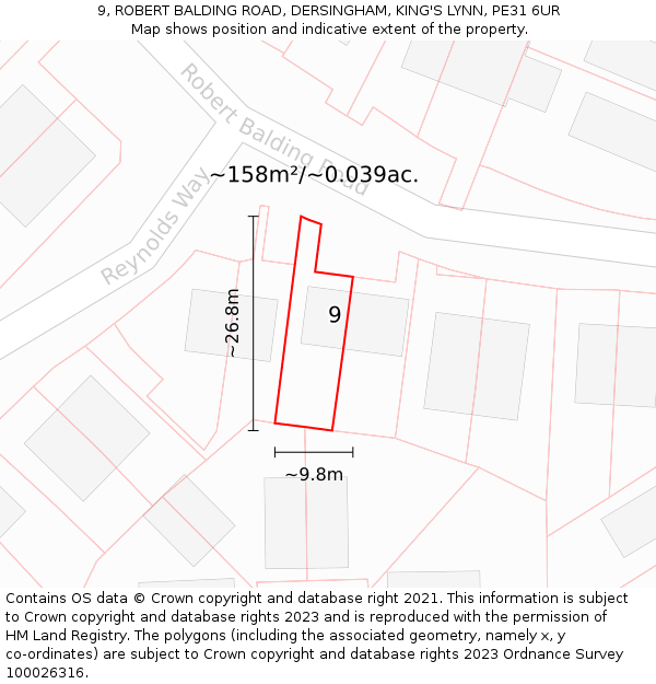 9, ROBERT BALDING ROAD, DERSINGHAM, KING'S LYNN, PE31 6UR: Plot and title map