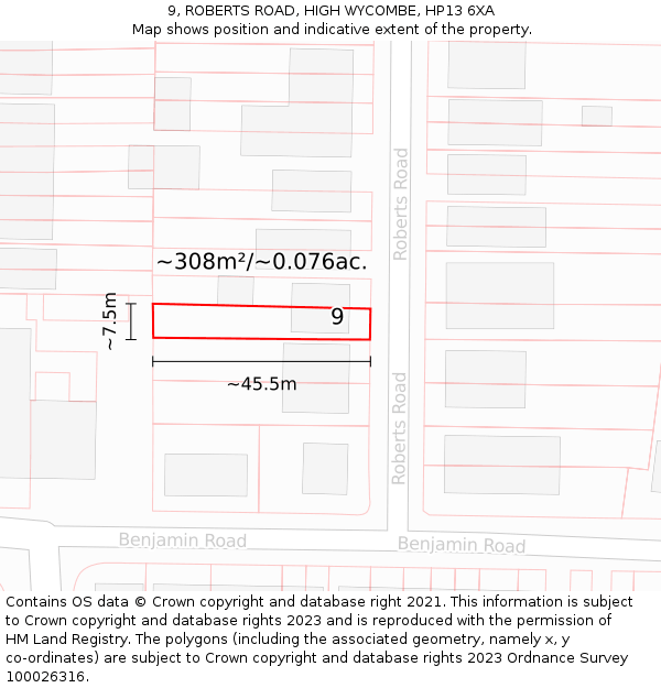 9, ROBERTS ROAD, HIGH WYCOMBE, HP13 6XA: Plot and title map