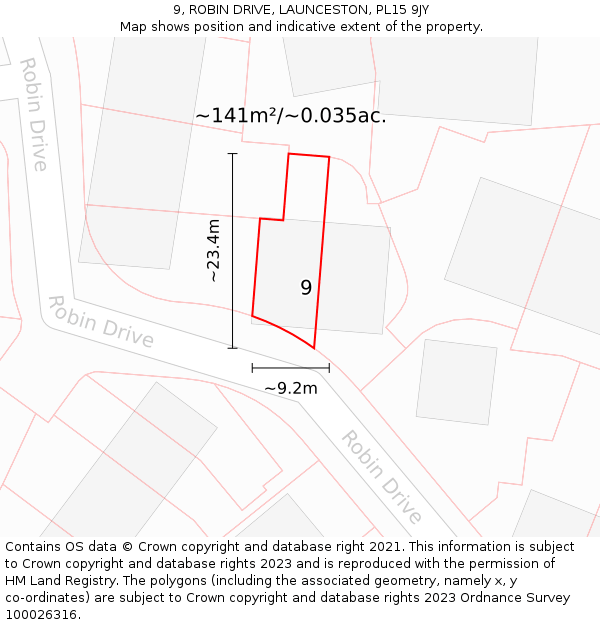 9, ROBIN DRIVE, LAUNCESTON, PL15 9JY: Plot and title map