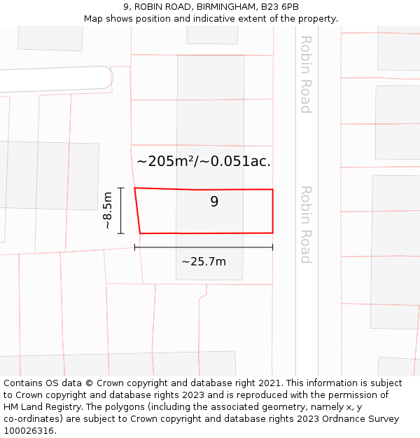 9, ROBIN ROAD, BIRMINGHAM, B23 6PB: Plot and title map