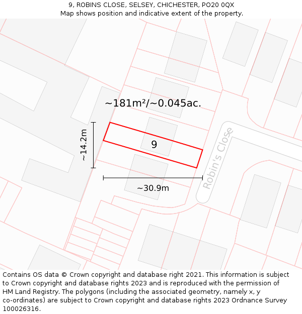 9, ROBINS CLOSE, SELSEY, CHICHESTER, PO20 0QX: Plot and title map