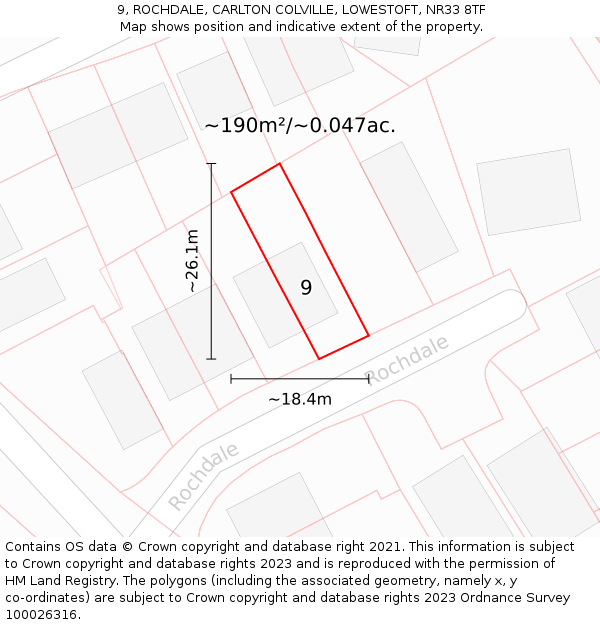 9, ROCHDALE, CARLTON COLVILLE, LOWESTOFT, NR33 8TF: Plot and title map