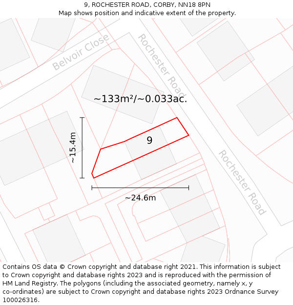 9, ROCHESTER ROAD, CORBY, NN18 8PN: Plot and title map
